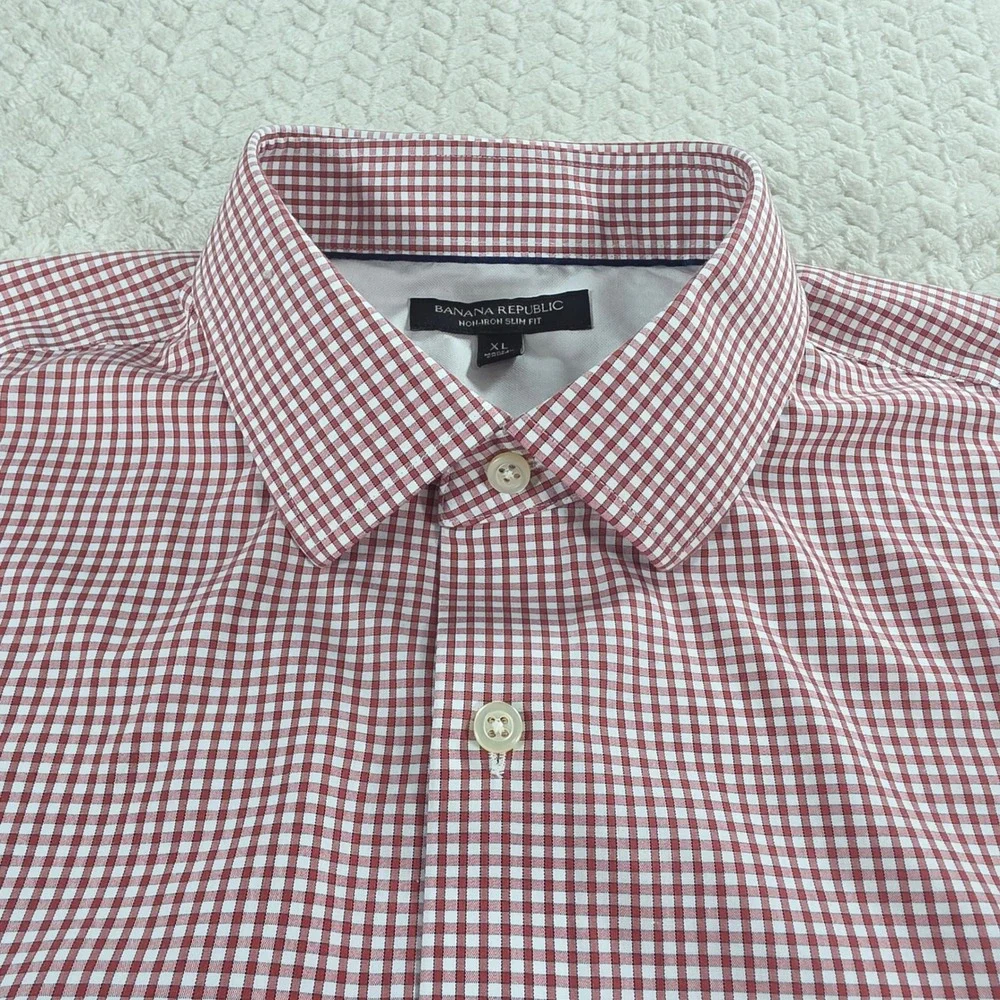 Banana Republic Men Red Gingham Button Down Shirt Non-Iron Slim Fit XL Long Slve
